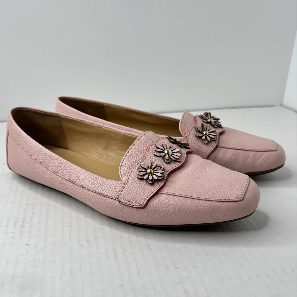 Talbots Pink Leather Loafers Ballet Flats Floral Vamp Strap 8.5 WIDE Preppy